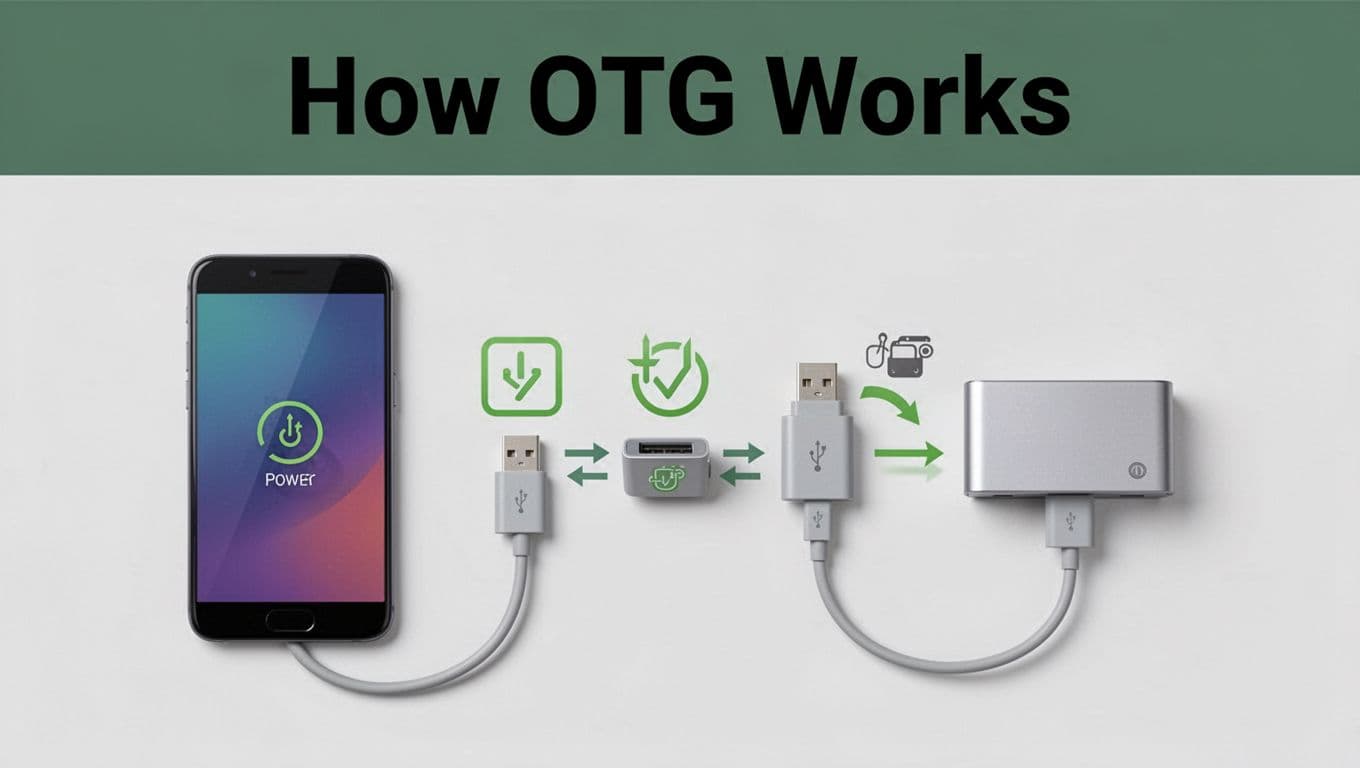 Step-by-step flat design diagram of USB OTG connection with phone as host supplying power to a peripheral device via adapter, featuring icons for power flow and data transfer on a neutral background.