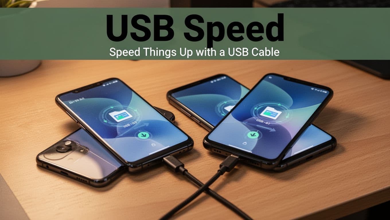 Two Android phones connected via USB-C cable on a desk with screens showing file transfer icons, warm lighting, realistic photo, branded with bold 'USB Speed' headline on dark-green band.