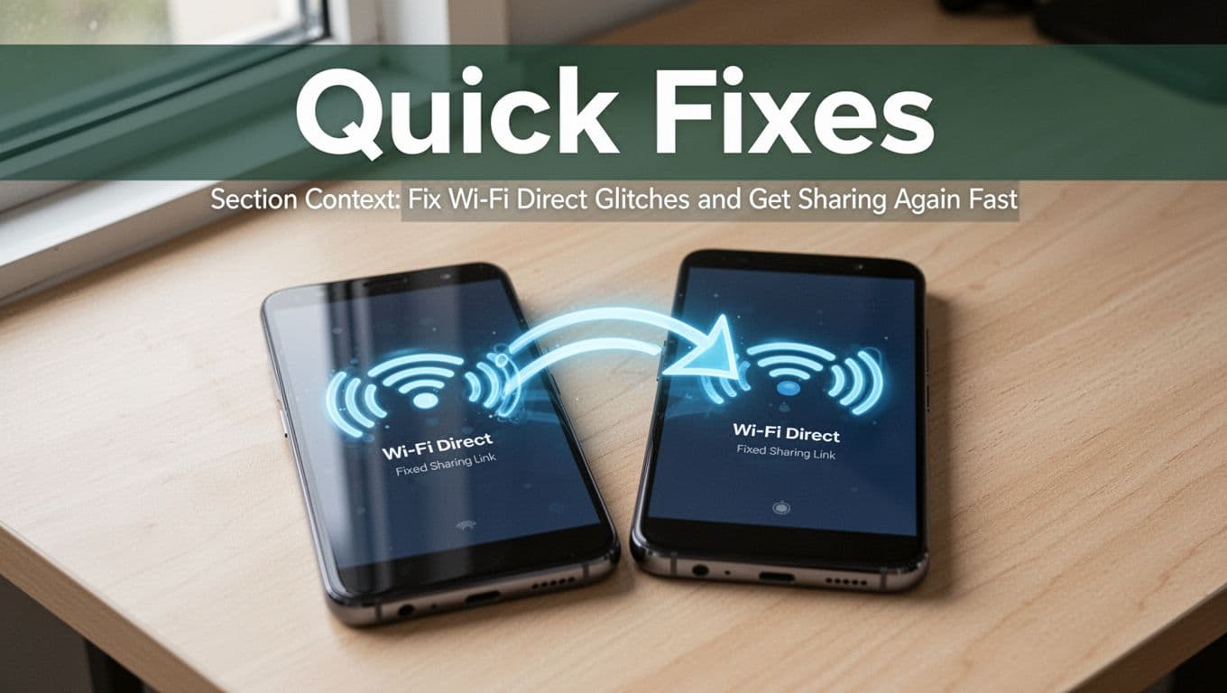 Two modern Android smartphones on a light wooden desk, screens showing successful Wi-Fi Direct connection with wireless waves and arrows, topped with a dark-green band and bold 'Quick Fixes' headline in photo-realistic style.