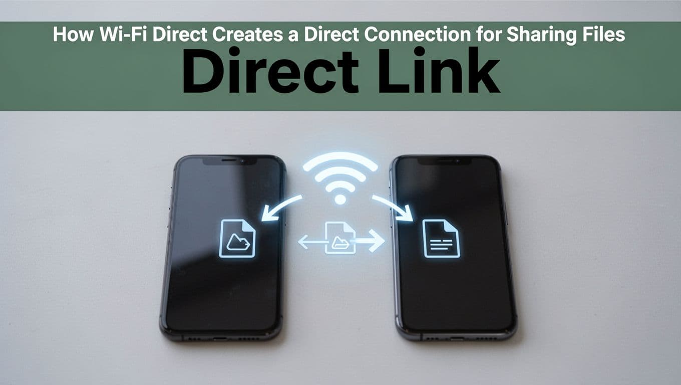 Two modern smartphones positioned side by side on a clean light gray surface, connected by glowing Wi-Fi signal waves with arrows indicating file transfer in a clean illustrative style. Bold 'Direct Link' headline in a dark-green band at the top.
