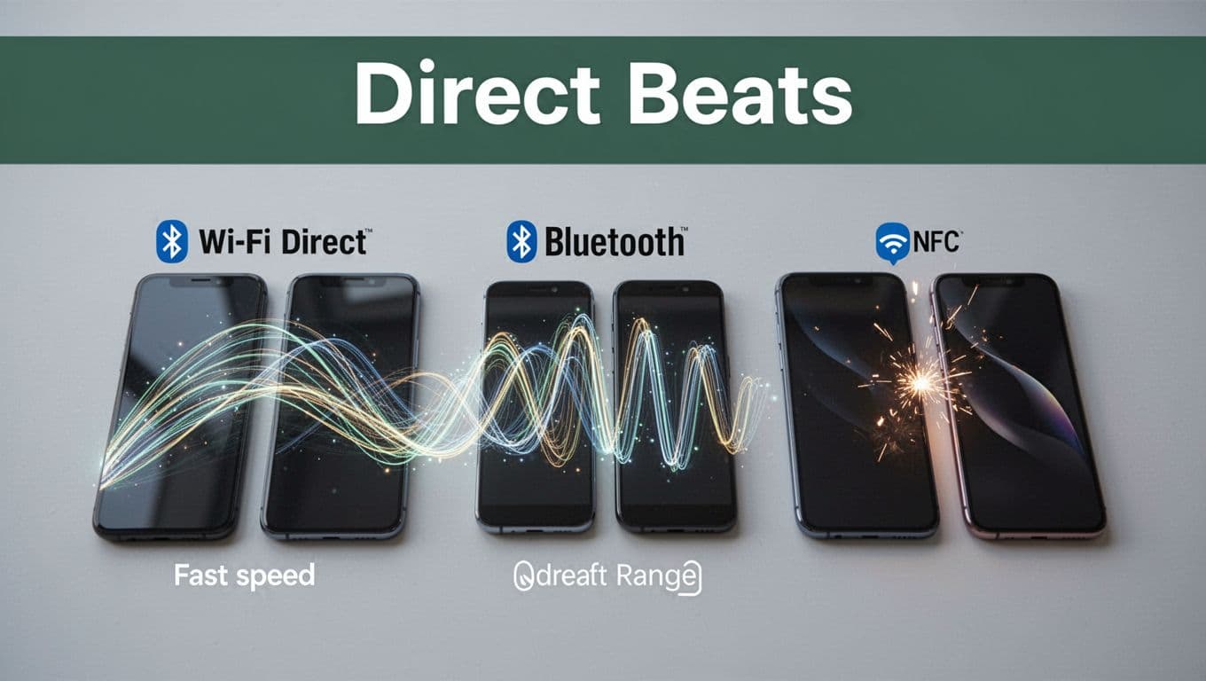 Three pairs of smartphones showing Wi‑Fi Direct's fast link, Bluetooth's shorter link, and NFC's touch start.