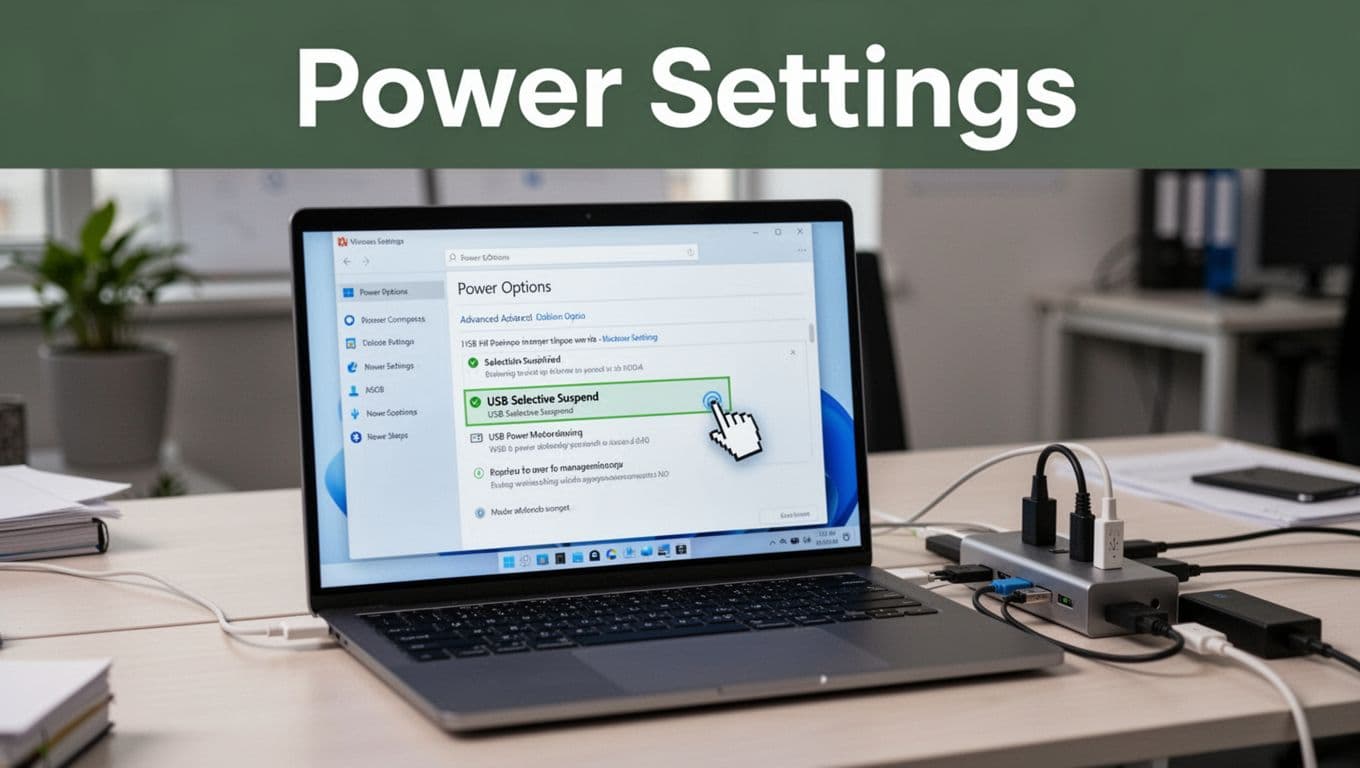 Bold 'Power Settings' headline on a muted dark-green top band above a realistic photo of Windows 11 advanced power options on a laptop screen, highlighting USB selective suspend with mouse cursor over it, USB hub and devices connected on an office desk. Natural office lighting, no people, logos, or extra text visible, landscape aspect ratio.
