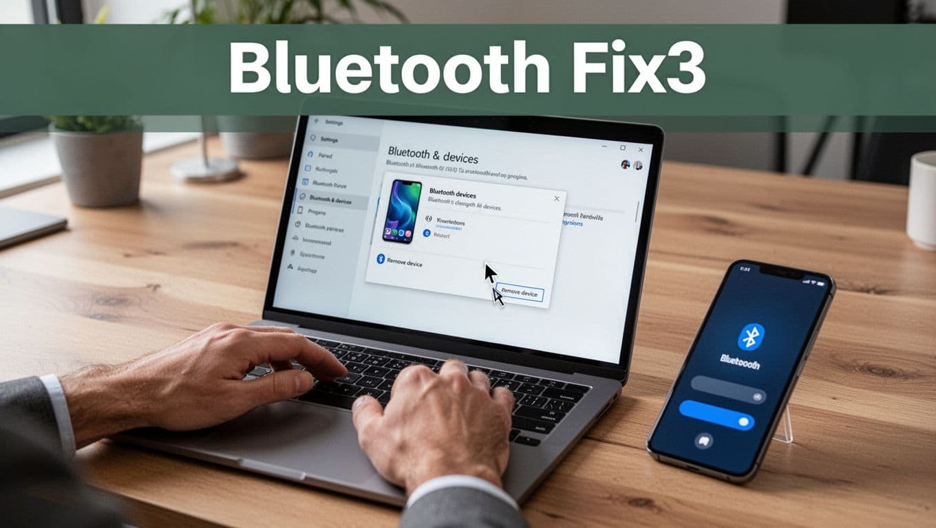 Close-up of hands adjusting Bluetooth settings on a Windows laptop screen displaying the Bluetooth & devices page with a paired smartphone and cursor hovering over Remove device option, Android phone nearby, bold 'Bluetooth Fix' headline at top.