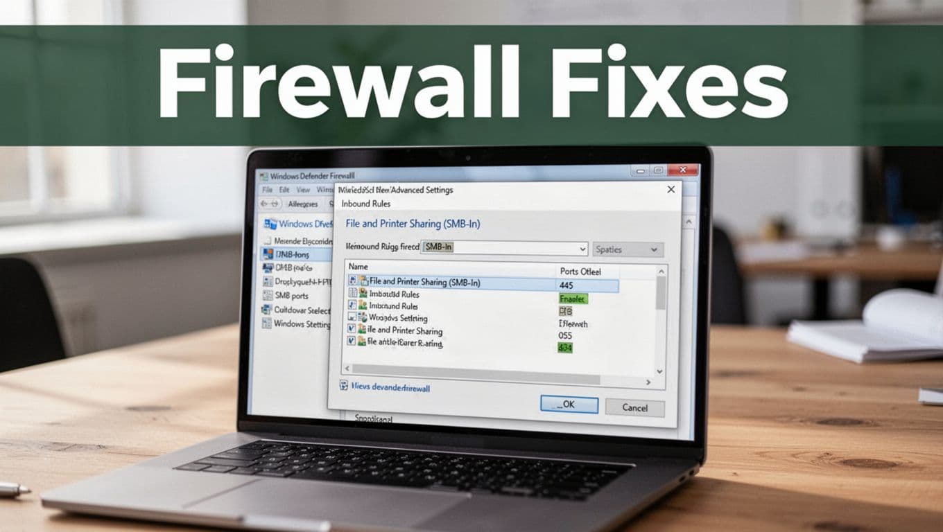 Close-up realistic photo of laptop screen on wooden desk showing Windows Defender Firewall advanced settings with File and Printer Sharing (SMB-In) inbound rule for port 445 selected and enabled. Branded style with muted dark-green top band and bold centered 'Firewall Fixes' headline.