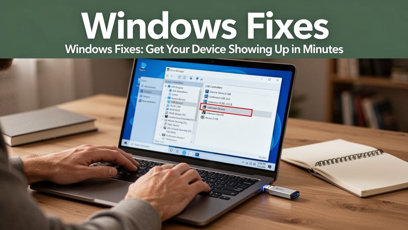 Bold 'Windows Fixes' headline on a dark-green band atop a realistic Windows 11 laptop screen in Device Manager showing expanded USB controllers and highlighted unknown device, with USB drive plugged in and hands on keyboard in cozy home office.