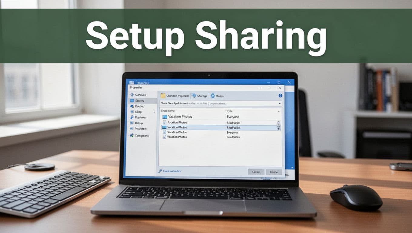 Close-up of a Windows laptop screen on an office desk displaying the Properties dialog for a folder with the Sharing tab open, showing the share name 'Vacation Photos' and 'Everyone' with Read/Write permissions. Realistic photo with a top dark-green band featuring the headline 'Setup Sharing' in bold white text.