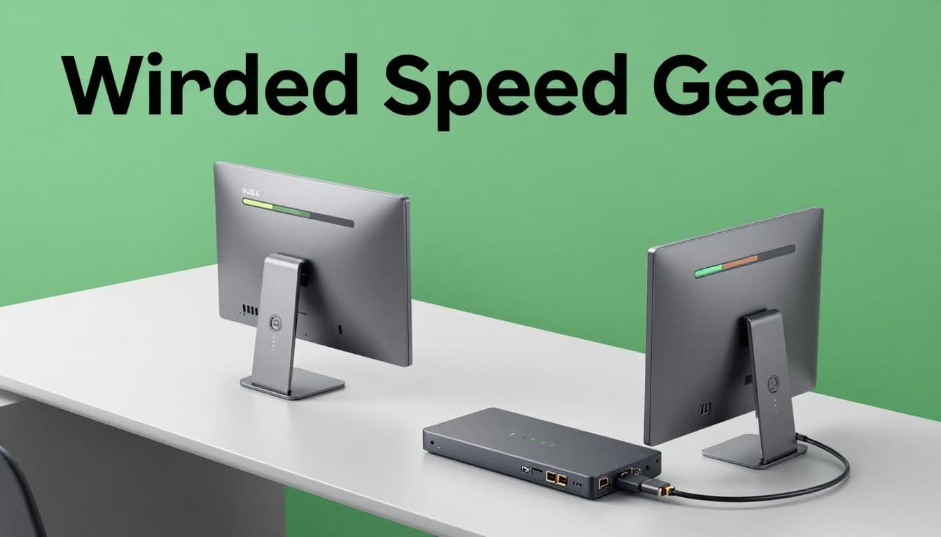 Top-down view of a modern clean office desk with two PCs connected by a short USB4 cable, progress bar showing 9 GB/s transfer speed on one screen, large external SSD nearby; realistic photo in cool grays and silvers with green accents, bold 'Wired Speed Gear' headline on dark-green band at top.
