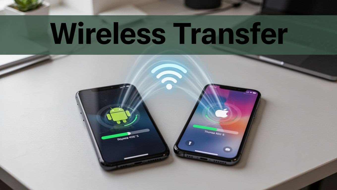Android phone and iPhone side by side on a desk with wireless data beams flowing from Android to iPhone, screens displaying transfer progress bars under soft office lighting, featuring a bold 'Wireless Transfer' headline banner.