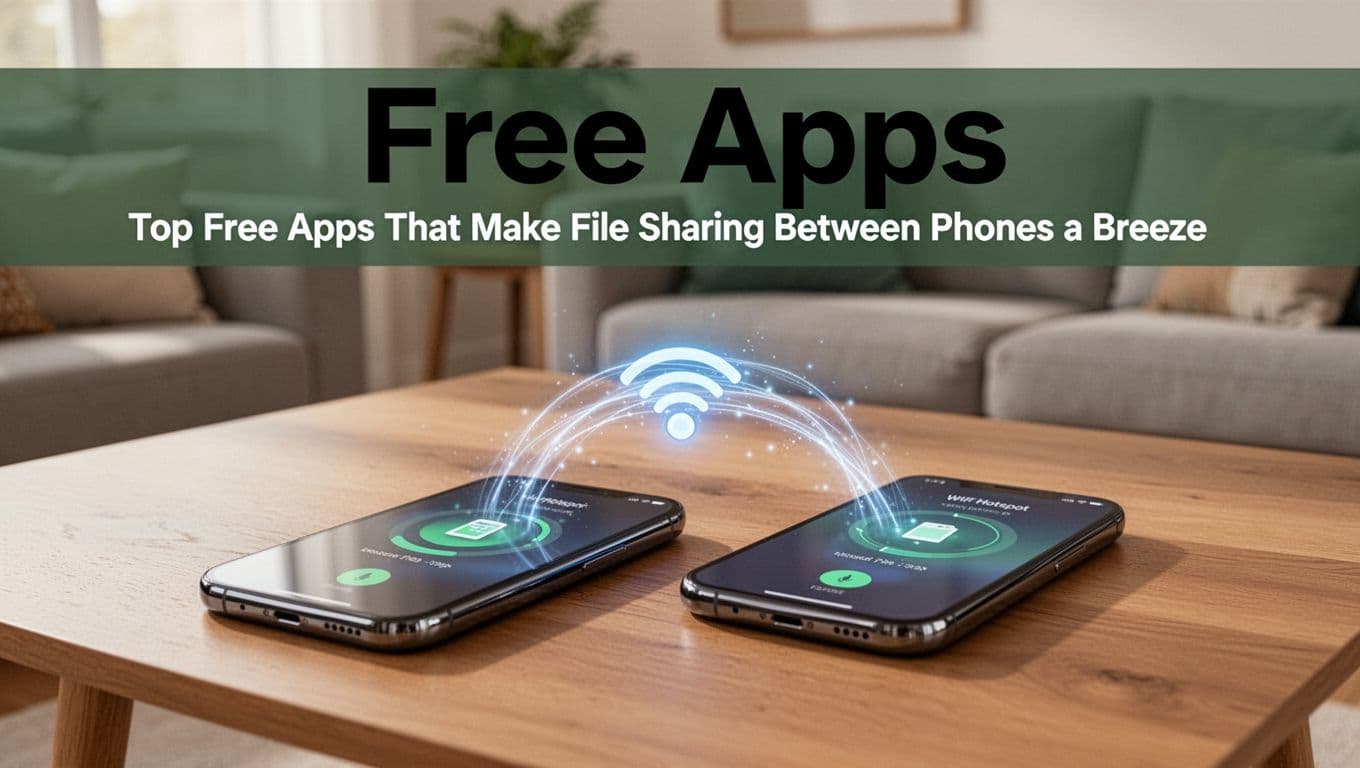 Two modern smartphones side by side on a clean wooden table, connected by glowing data streams for Wi-Fi hotspot file transfer, showing progress on screens in a bright living room with soft daylight.