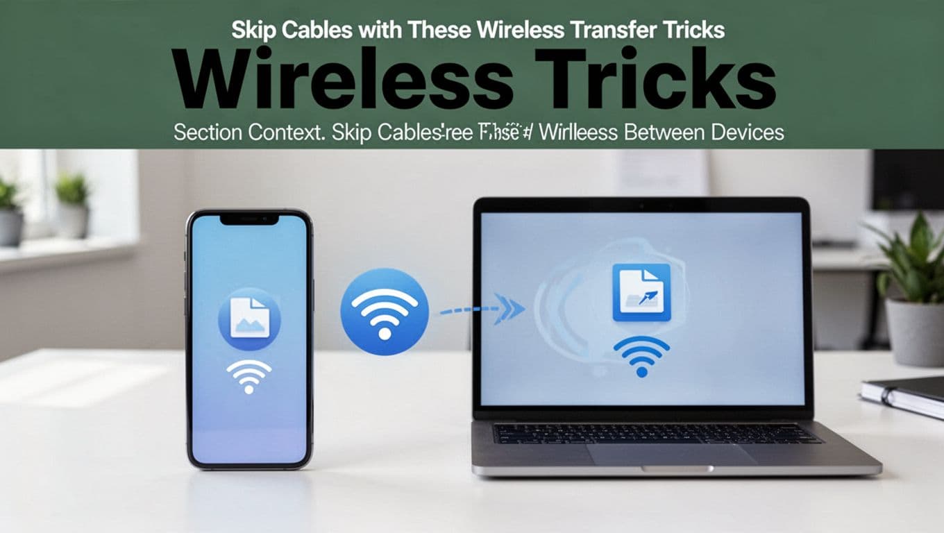 Smartphone and laptop connected on the same Wi-Fi network display wireless file transfer icons in a modern office setting with bold 'Wireless Tricks' headline.